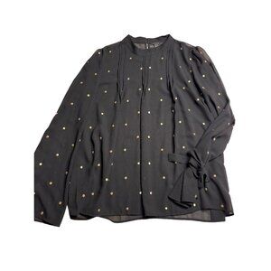 Ann Taylor High Neck, Sheer Black Long Sleeve with  Gold Embroidered Dots‎